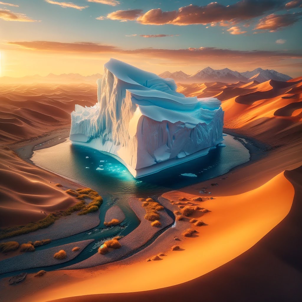 A solidary iceberg in the middle of a desert landscape.